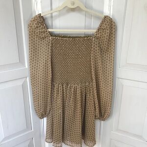 Kourt Calypso Smocked Tan & White Dress w/ Subtle Metallic Sparkle